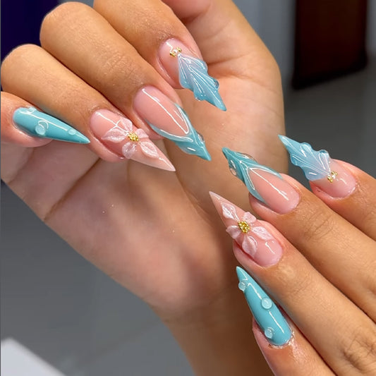 Enchanting Mermaid Inspired Medium Stiletto Turquoise with Floral Accents Press on Nail Set