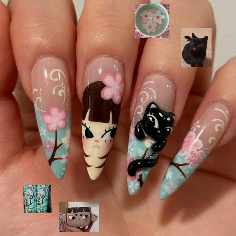 Whimsical Cat Blossom Long Almond Sky Blue Press On Nail Set with Charming 3D Accents