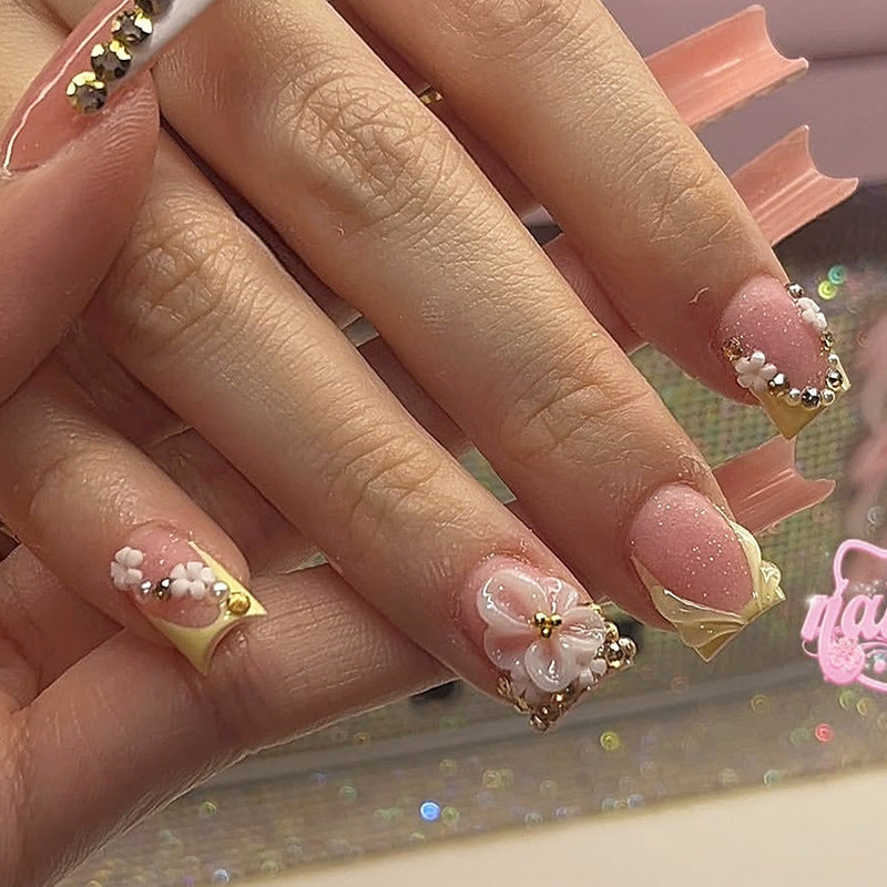 Floral Elegance Medium Square Pink Yellow Press On Nail Set with Charming Floral Accents