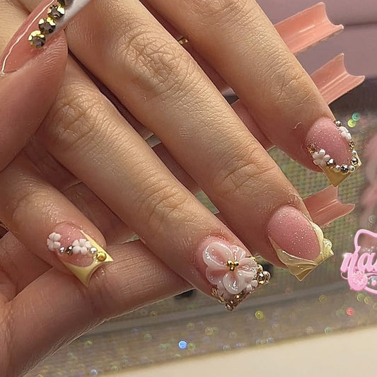Floral Elegance Medium Square Pink Yellow Press On Nail Set with Charming Floral Accents