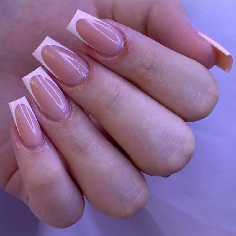 Glamorous Elegance Long Square Blush Pink Press On Nail Set with Unique French Tips