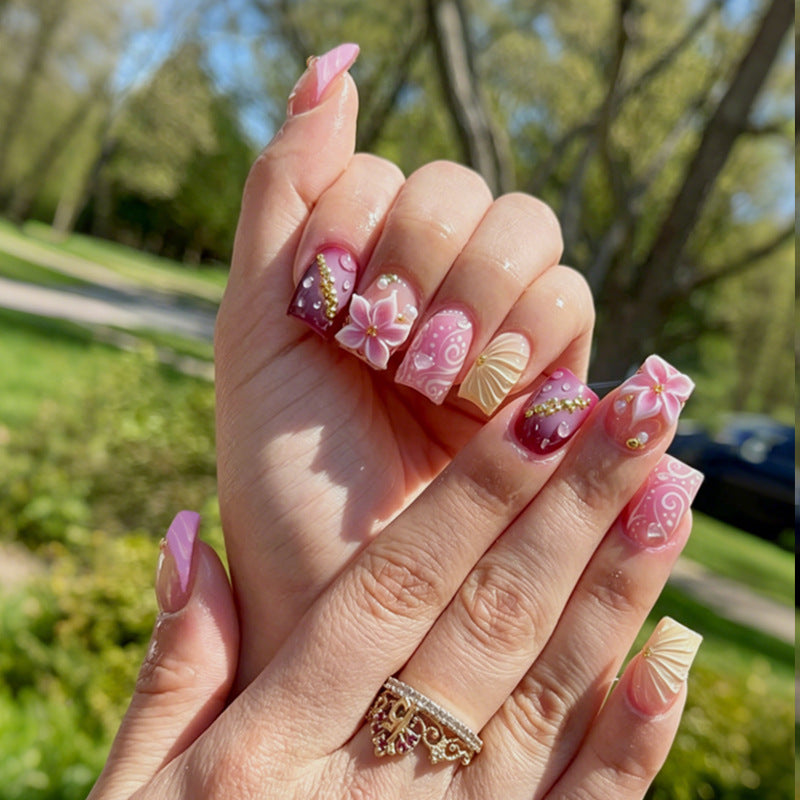 Tropical Delight Medium Square Pink Floral Press On Nail Set with Glitter Accents