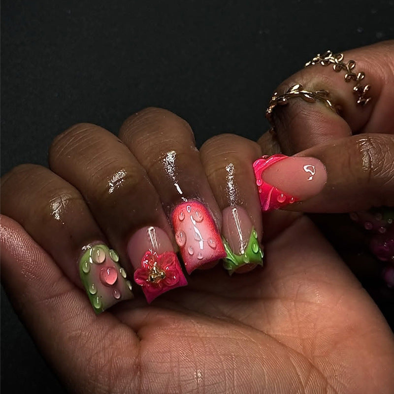 Strawberry Delight Medium Square Green and Pink Floral Design Press On Nail Set