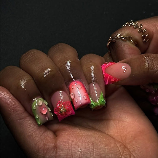 Strawberry Delight Medium Square Green and Pink Floral Design Press On Nail Set