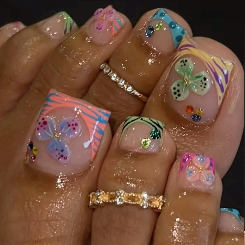 Whimsical Floral Charm Short Square Colorful with Sparkling Designs Press On Toenail Set