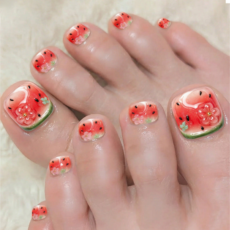 Summer Delight Short Square Coral Design with Floral Accents Press On Toenail Set