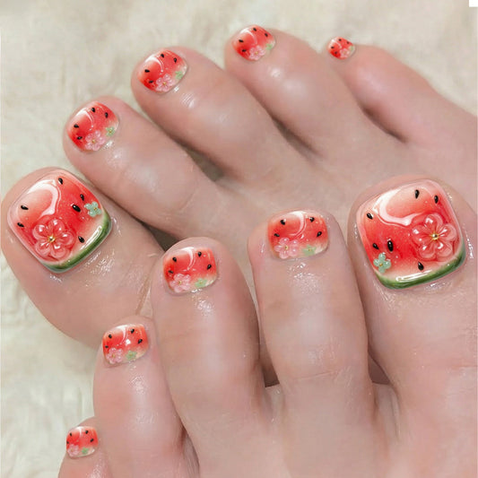 Summer Delight Short Square Coral Design with Floral Accents Press On Toenail Set