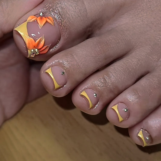 Sunflower Bliss Short Square Yellow with Floral Accents Press on Toenail Set