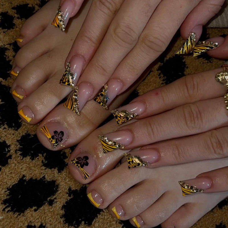 Tropical Vibes Medium Almond Yellow with Unique Tiger Print Design Press on Nail Set