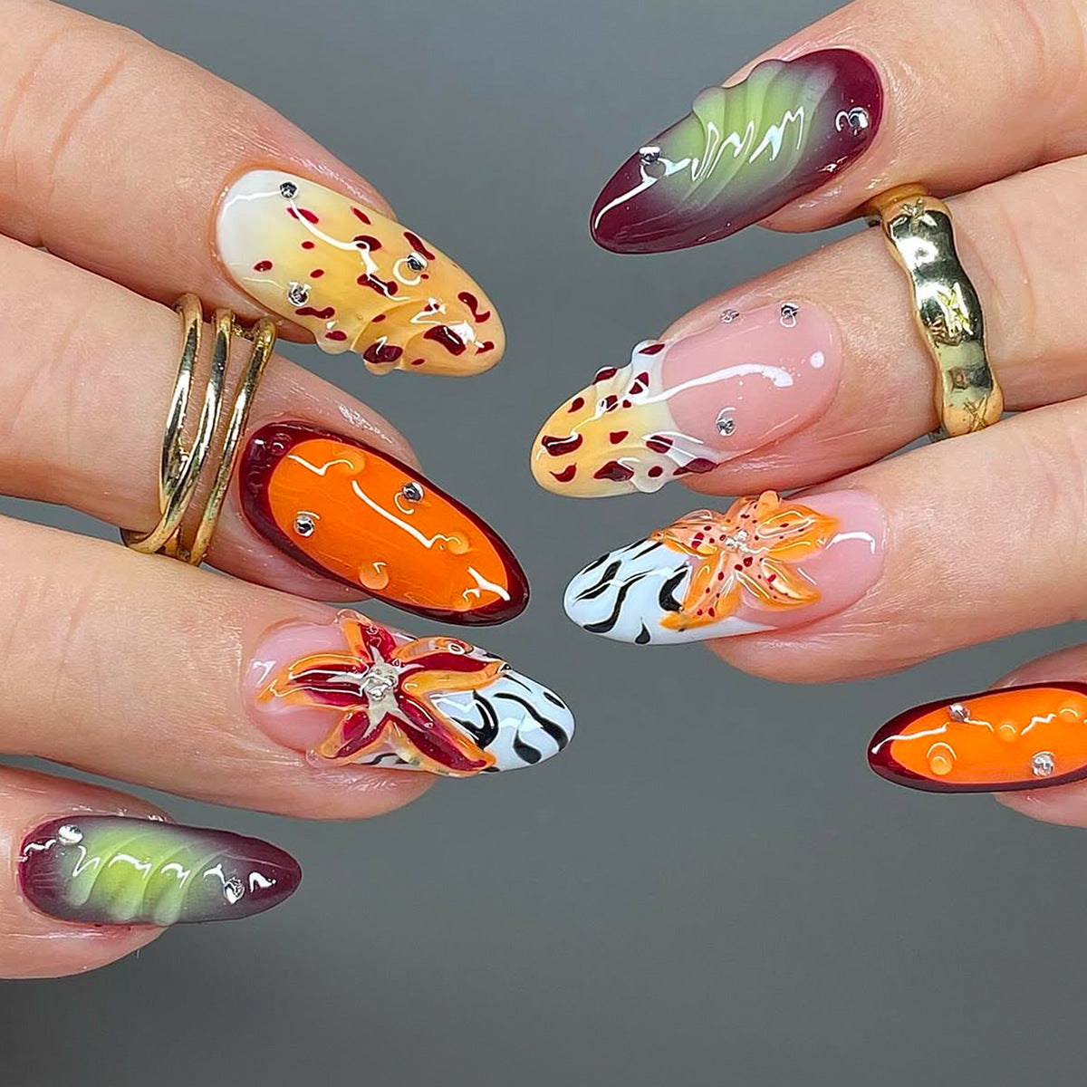 Tropical Paradise Medium Almond Multicolored with Starfish Accent Nail Set