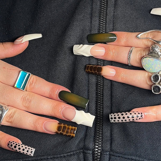 Glamorous Earthy Long Square Brown Marble Press On Nail Set