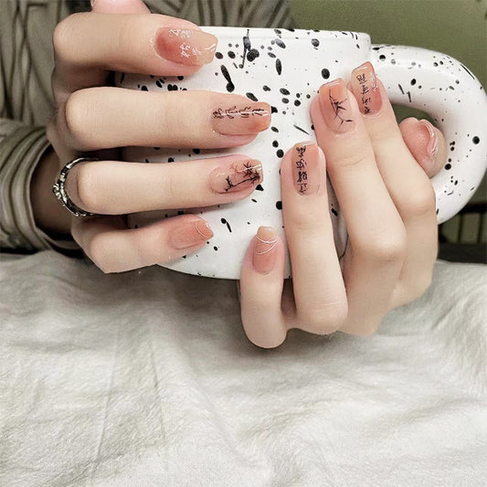 Autumn Whispers Medium Square Beige Press On Nail Set with Botanical Accents