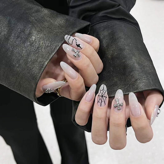 Mystical Elegance Long Oval Grey Press on Nails with Spider and Web Accents