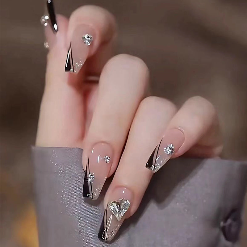 Elegant Wedding Long Coffin beige and Silver Rhinestone Embellished Press on Nail Set