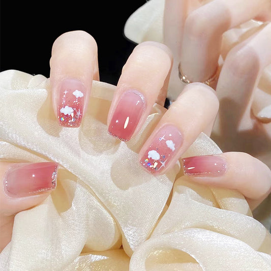 Enchanted Winter Medium Square Pink Press On Nail Set with Glittery Snowflake Accents