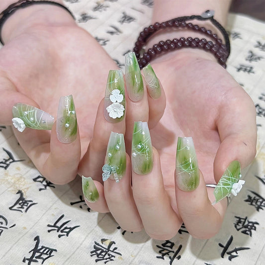 Botanical Bliss Long Coffin Green Press on Nails with Floral Embellishments