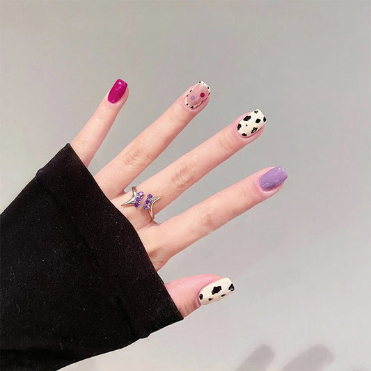 Sophisticated Charm Medium Length Square Shape Press On Nail Set in Lavender and Black with Polka Dot Accents