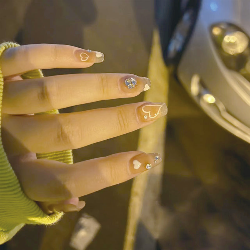 Enchanted Evening Long Coffin Beige Press On Nails with Rhinestone Accents