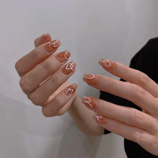 Elegant Affair Long Coffin Brown Press On Nails with White Heart Accents