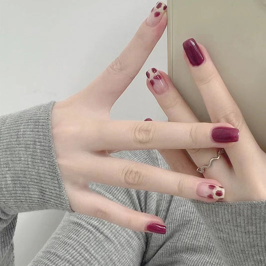 Burgundy Bliss Medium Coffin Burgundy Press On Nail Set with Marble Accent Design