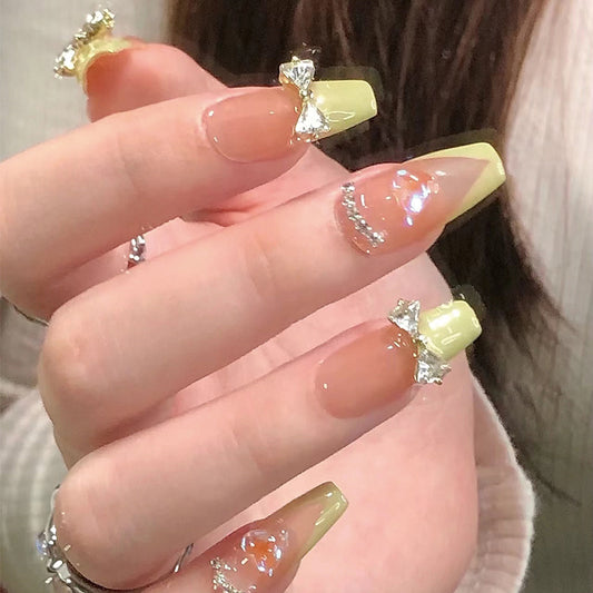 Elegant Sparkle Long Coffin Olive Green Press on Nails with Crystal Embellishments