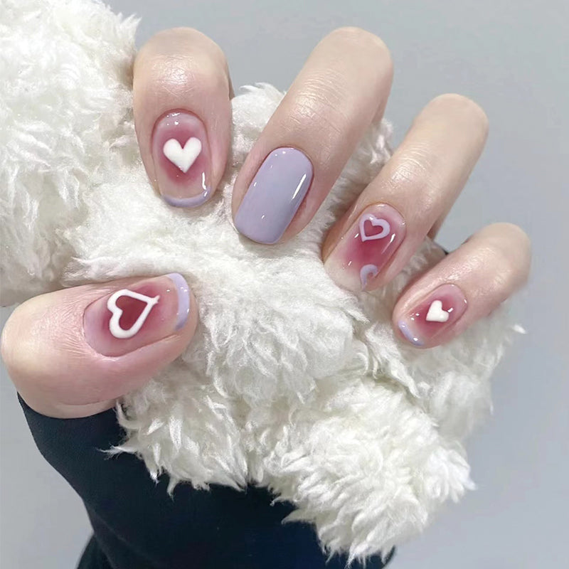 Romantic Affair Medium-Length Round-Shaped Grey Press On Nail Set with White Heart Accents