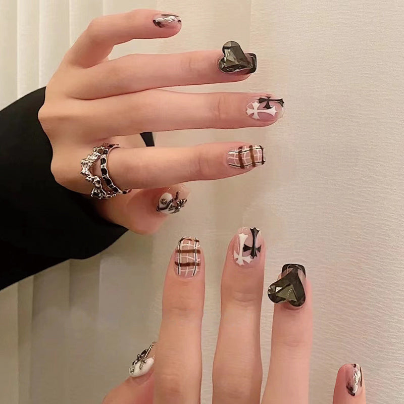 Elegant Tartan Charm Medium Square beige Press On Nail Set with Black Star Accents