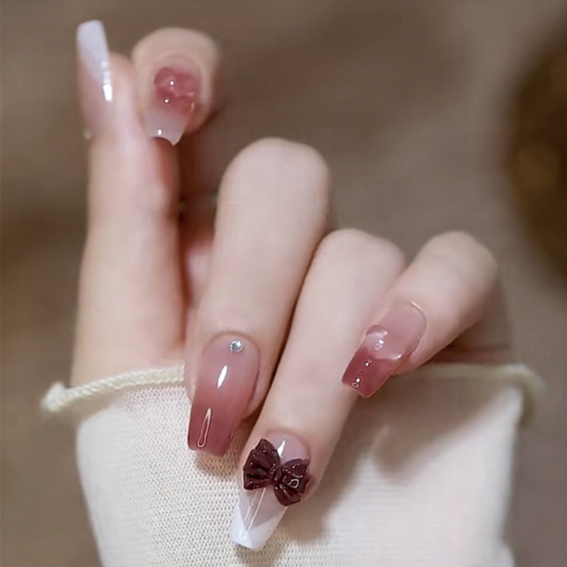 Elegant Evening Long Coffin Mauve Pink Press On Nail Set with Rhinestone Embellishments and Bow Accent