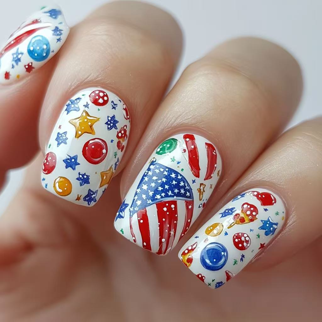 Patriotic Celebration Medium Square White Press On Nail Set with Colorful Glittery Stars and Stripes
