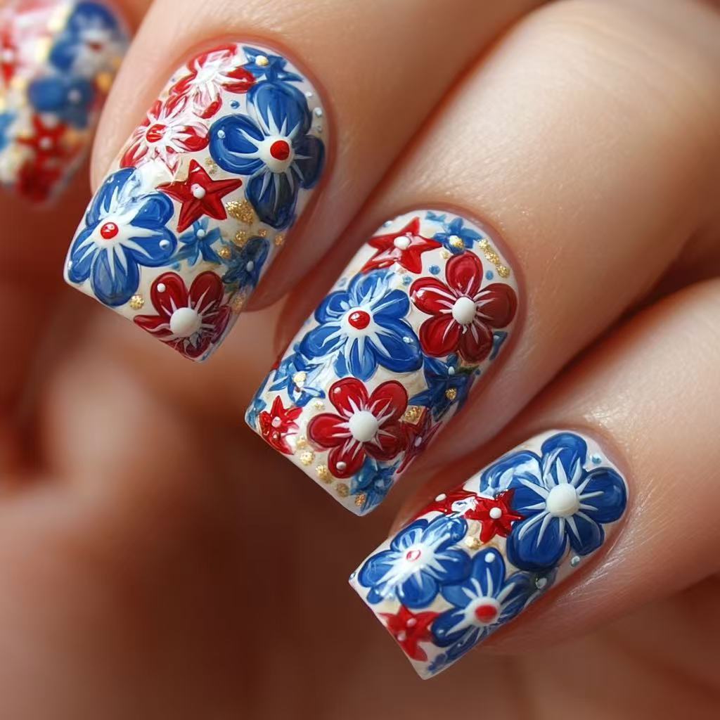 Patriotic Floral Press On Nail Set Medium Square Shaped Medium Length Bright Red and Blue with Glittering Flower Accents