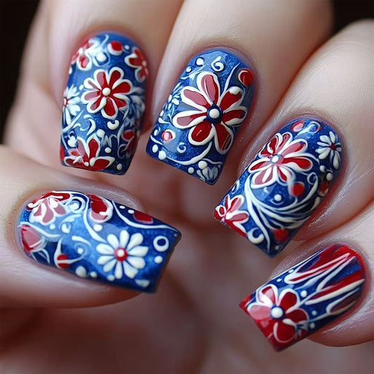 Floral Wonderland Medium Square Blue and Red Press On Nail Set with Intricate Designs