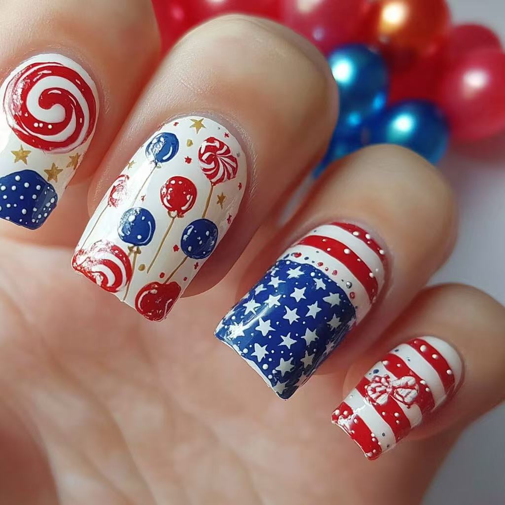 Festive Celebration Medium Square Acrylic Nail Set in Red and Blue with Whimsical Candy Designs