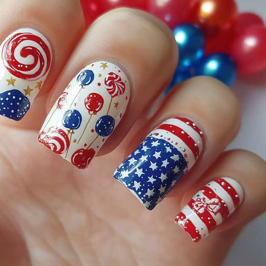 Festive Celebration Medium Square Acrylic Nail Set in Red and Blue with Whimsical Candy Designs