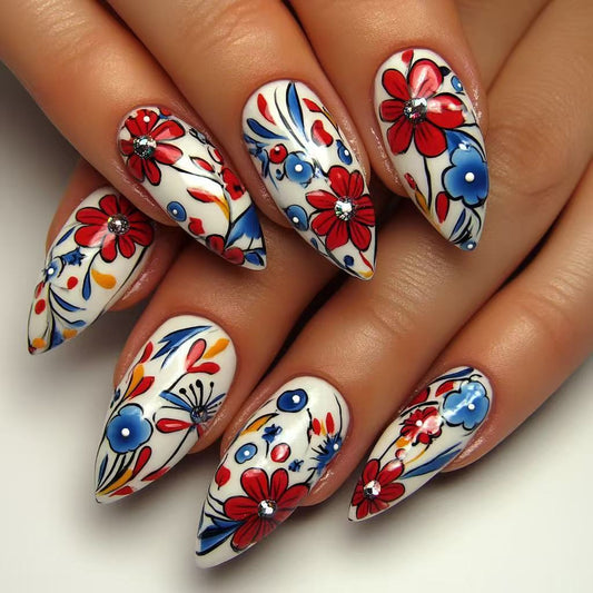 Blooming Elegance Elegant Medium Stiletto Floral Art Press On Nails in Vibrant White with Sparkling Gem Accents