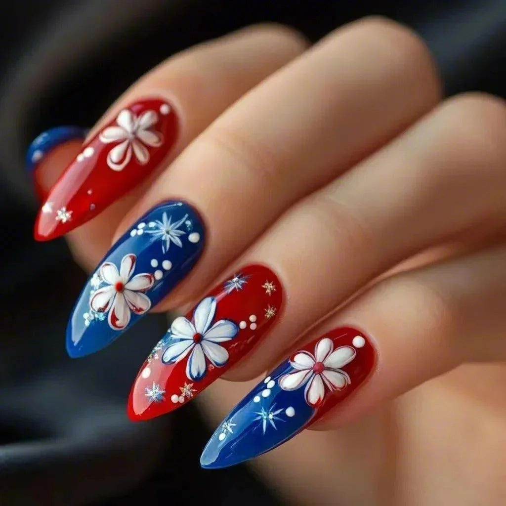 Patriotic Blossom Long Almond Shaped Red and Blue Press On Nail Set with Floral Accents