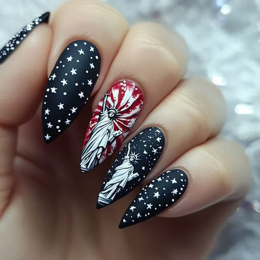Liberty Dream Press On Nail Set Long Stiletto Black with Starry Design and Bold Statue of Liberty Accent