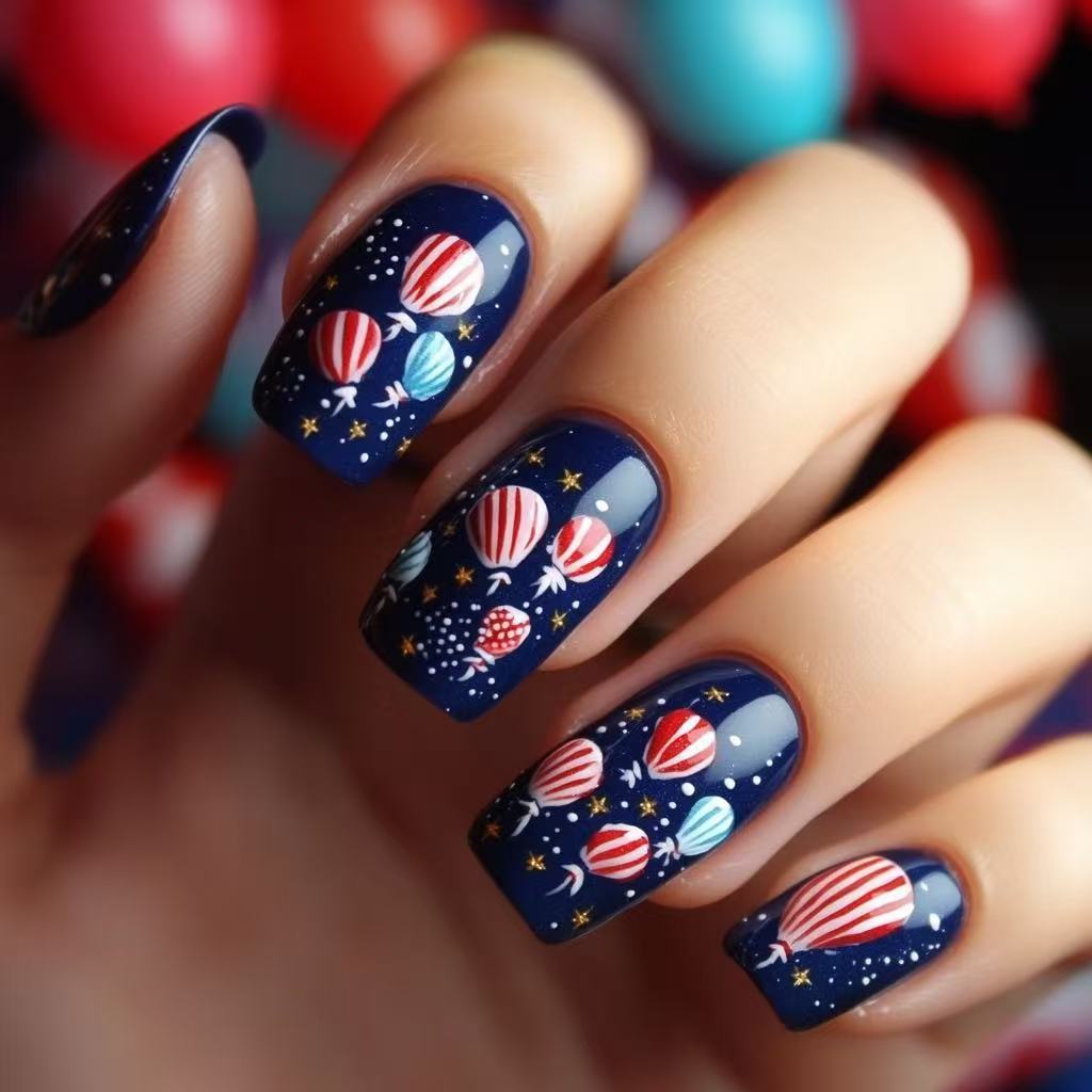 Sky High Adventure Medium Square Navy Balloon Nail Set with Stunning Artistic Design