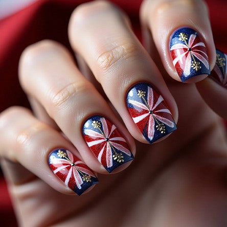 Patriotic Celebration Short Square Blue and Red Floral Press-On Nail Set with Glitter Accents