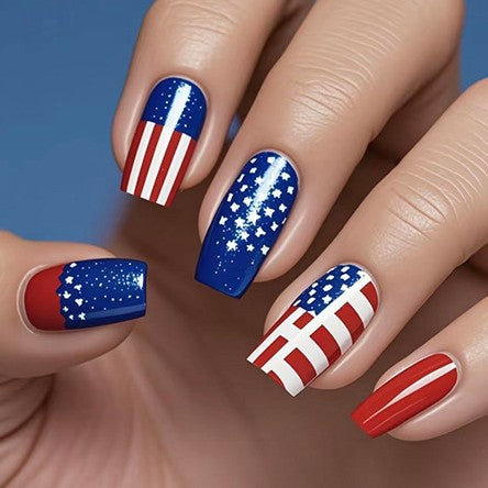 Patriotic Vibes Medium Square Red and Blue with Starry Design Press-On Nail Set