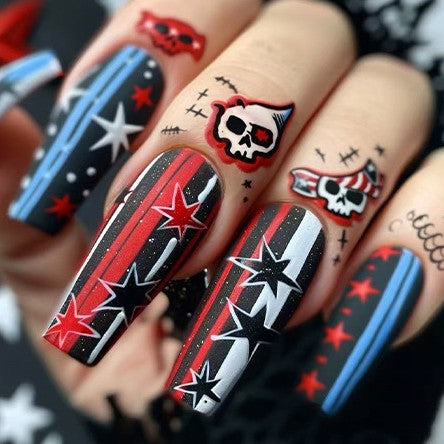 Glamorous Rock Star Extra Long Coffin Shape Black and Red with Bold Star and Skull Designs Press On Nail Set