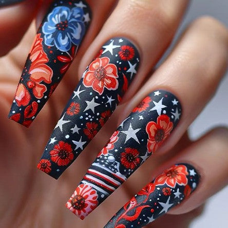 Floral Night Sky Long Coffin Black and Red Press On Nail Set with Intricate Pattern Design