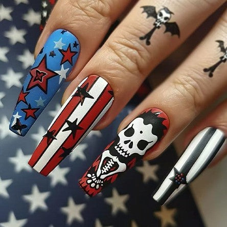 Spooky Americana Long Coffin Press On Nail Set in Red Blue White with Vibrant Skull and Star Designs
