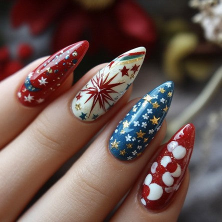 Festive Starry Night Long Almond Red and Blue Press On Nail Set with Sparkling Glitter Accents