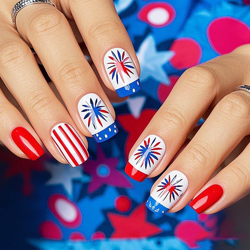 Festive Fireworks Medium Square Red and Blue Short Press-On Nail Set with Eye-Catching Designs