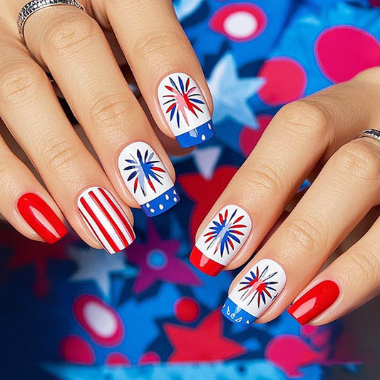 Festive Fireworks Medium Square Red and Blue Short Press-On Nail Set with Eye-Catching Designs