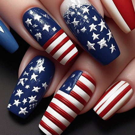 Patriotic Glamour Long Square Blue Red and White Striped Design with Star Accents Press-On Nail Set