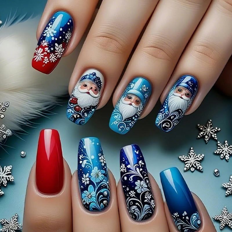 Winter Wonderland Medium Square Blue and Red With Festive Santa Designs Press-On Nail Set