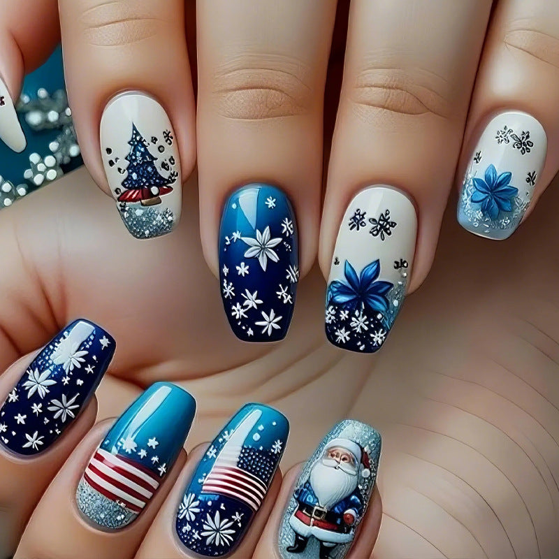 Winter Wonderland Press on Nail Set Medium Coffin Shape Deep Blue with Festive Winter Designs