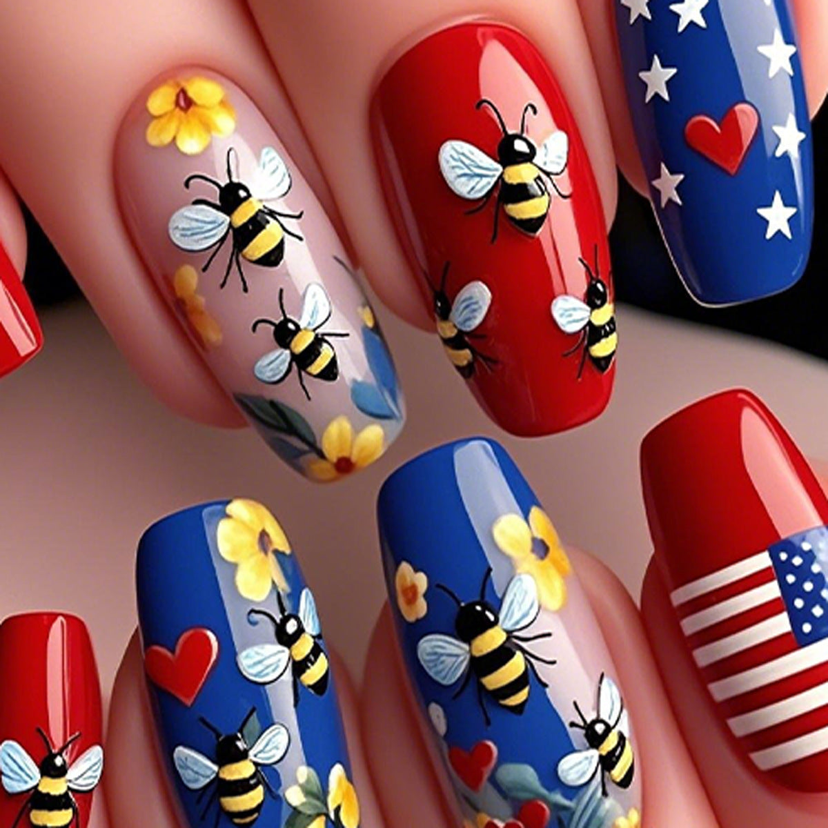 Bee-Inspired Glamour Long Coffin Red Blue Pink with Floral and Bee Design Press-On Nail Set