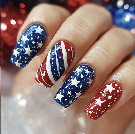 Stars and Stripes Glamour Medium Square Red and Blue Press-On Nail Set with Glittery Finish and Unique Twisted Design